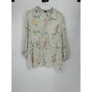 VTG Bon Worth Embroidered Floral Button Up White Pink and Green Size XL